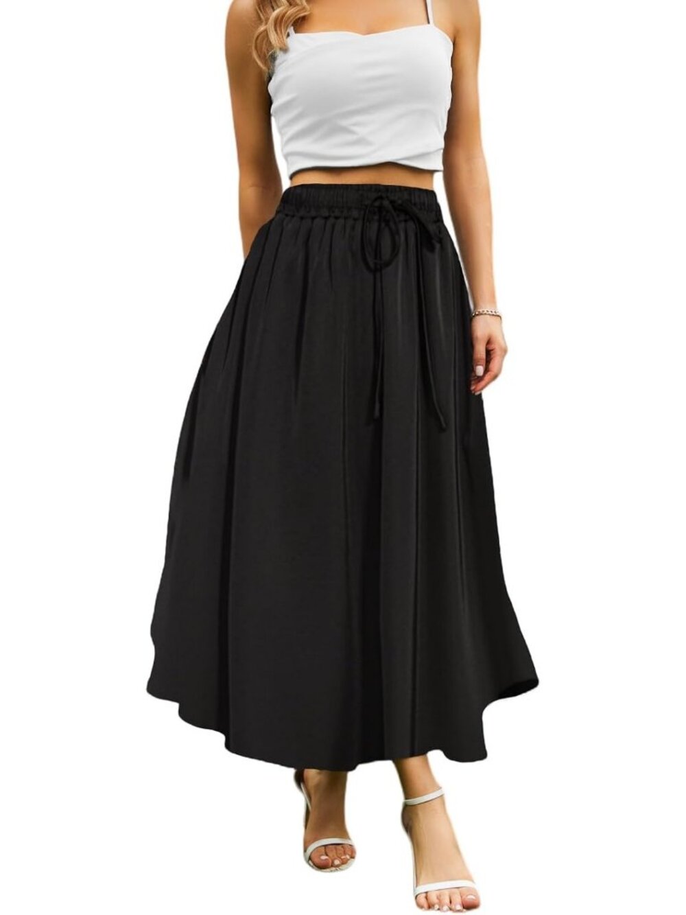 Women's Black Boho High Waisted Flowy Elastic Waist Pocket Pull On Midi Skirt